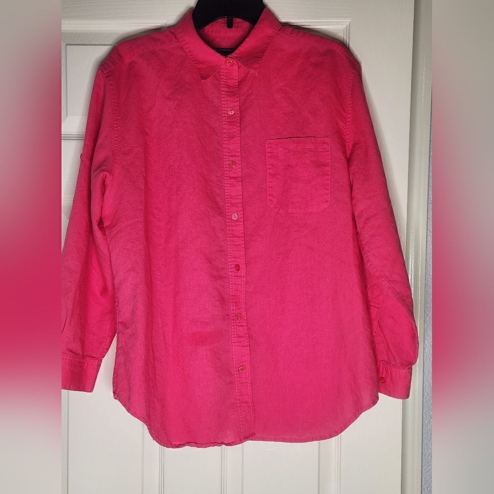 Jones Wear Sport L Pink LINEN Cotton Roll Lngslv Pocket Buttons Up Women Shirt